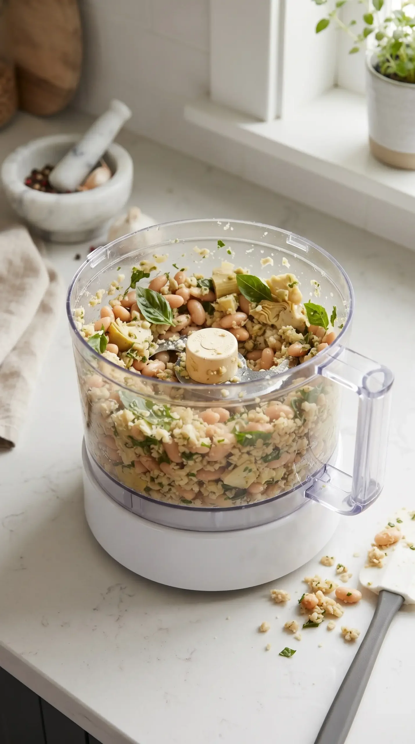 Crumbly white bean mixture with garlic and basil in a food processor bowl