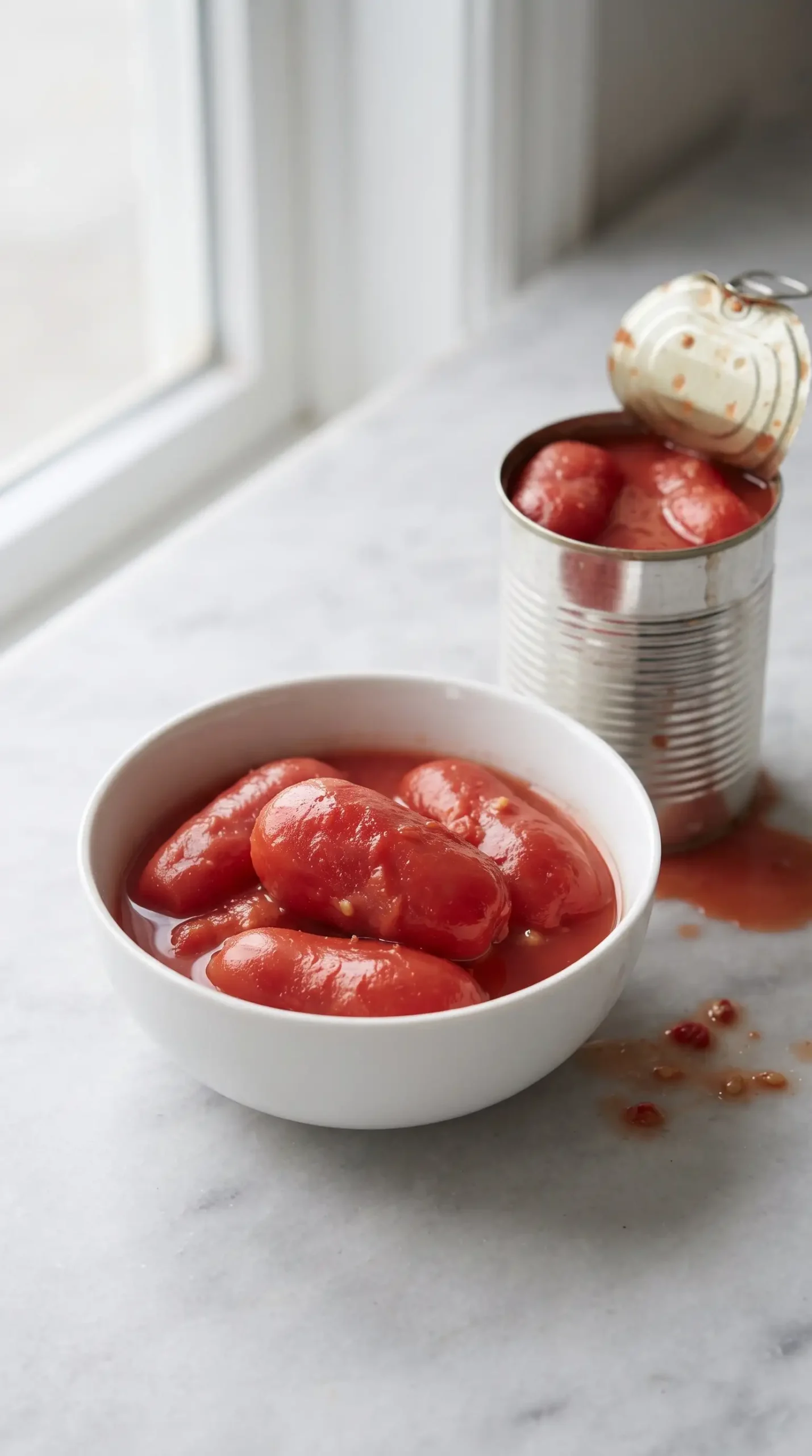 Whole San Marzano tomatoes in a bowl beside an opened can for tomato soup
