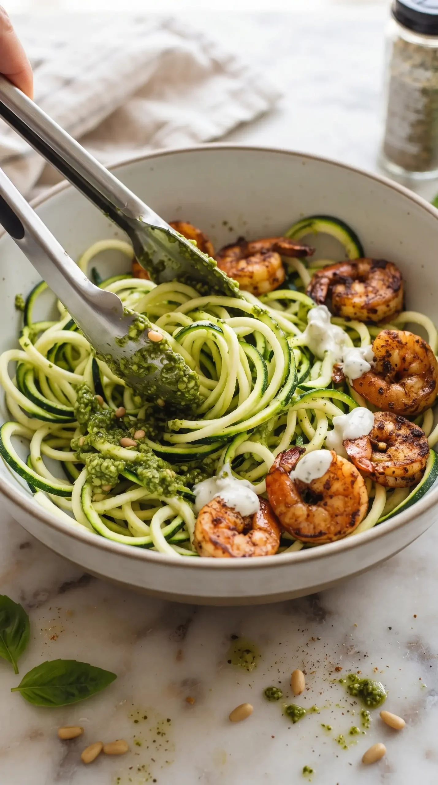 Zucchini noodles tossed with green pesto during shrimp noodle preparation